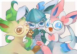 Size: 1750x1238 | Tagged: safe, artist:kikuyosy, eeveelution, fictional species, glaceon, leafeon, mammal, sylveon, feral, nintendo, pokémon, 2020, 2d, :o, abstract background, ambiguous gender, ambiguous only, blue body, blue eyes, blue fur, border, brown eyes, chest fluff, colored pupils, cute, digital art, dotted background, ear fluff, ears, fluff, front view, fur, glasses, glasses only, group, happy, japanese text, lidded eyes, long ears, looking at you, multicolored body, multicolored fur, nudity, on model, open mouth, open smile, paw pads, paws, pink body, pink fur, pink paw pads, pixiv, ribbons (body part), round glasses, smiling, smiling at you, socks (leg marking), text, tongue, tongue out, trio, trio ambiguous, two toned body, two toned fur, two toned head, underpaw, white body, white border, white fur, white pupils