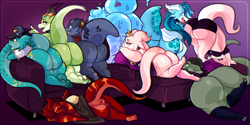 Size: 2048x1024 | Tagged: suggestive, artist:koboldcourier, fictional species, goo creature, kobold, reptile, anthro, 2022, big butt, butt, female, females only, goo, horns, huge butt, raised tail, tail, thick thighs, thighs, wide hips