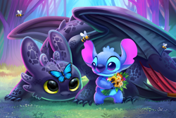 Size: 1200x800 | Tagged: safe, artist:tsaoshin, stitch (lilo & stitch), toothless (httyd), alien, arthropod, bee, butterfly, dragon, experiment (lilo & stitch), fictional species, insect, western dragon, feral, semi-anthro, disney, dreamworks animation, how to train your dragon, lilo & stitch, 2021, 2d, 4 fingers, 4 toes, black scales, blue body, blue claws, blue eyes, blue fur, bouquet, claws, crossover, duo, duo male, ears, flower, fur, green eyes, male, males only, no sclera, plant, scales, size difference, torn ear