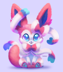 Size: 1050x1200 | Tagged: safe, artist:tsaoshin, eeveelution, fictional species, mammal, sylveon, feral, nintendo, pokémon, 2022, 2d, ambiguous gender, cute, front view, gradient background, looking at you, paw pads, paws, solo, solo ambiguous