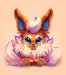 Size: 1050x1200 | Tagged: safe, artist:tsaoshin, eeveelution, fictional species, flareon, mammal, feral, nintendo, pokémon, 2022, 2d, ambiguous gender, cute, front view, gradient background, looking at you, paw pads, paws, solo, solo ambiguous
