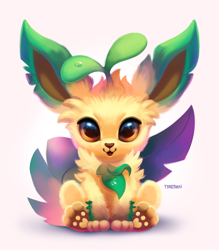Size: 1050x1200 | Tagged: safe, artist:tsaoshin, eeveelution, fictional species, leafeon, mammal, feral, nintendo, pokémon, 2022, 2d, ambiguous gender, cute, front view, gradient background, looking at you, paw pads, paws, solo, solo ambiguous