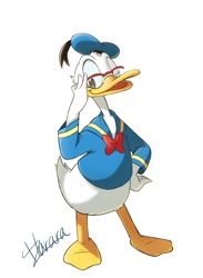 Size: 1100x1500 | Tagged: safe, artist:harara, donald duck (disney), bird, duck, waterfowl, anthro, disney, mickey and friends, 2020, 2d, bird feet, glasses, male, one eye closed, simple background, solo, solo male, white background, winking