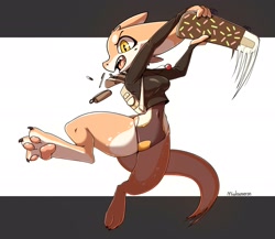 Size: 2059x1788 | Tagged: safe, artist:kameron_mia, fictional species, kobold, reptile, anthro, 2022, dessert, female, food, horns, ice cream, ice cream bar, solo, solo female, tail, thick thighs, thighs