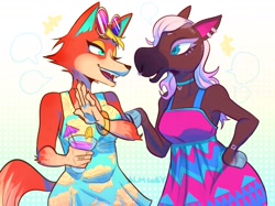 Size: 1554x1164 | Tagged: source needed, safe, artist:almgay, audie (animal crossing), reneigh (animal crossing), canine, equine, horse, mammal, wolf, anthro, animal crossing, animal crossing: new horizons, nintendo, clothes, dress, drink, duo, duo female, female, females only, glasses, glasses on head, mare, muumuu, one eye closed, sunglasses, sunglasses on head, ungulate, winking