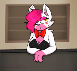Size: 1339x1240 | Tagged: safe, artist:revenge.cats, furbooru exclusive, mangle (fnaf), canine, fox, mammal, anthro, five nights at freddy's, 2022, bow, bow tie, breasts, bust, cheek fluff, clothes, ear fluff, female, fluff, fur, hair, makeup, male, simple background, solo, solo male, yellow eyes