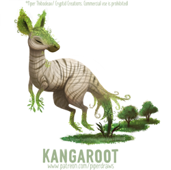 Size: 760x755 | Tagged: safe, artist:cryptid-creations, fictional species, flora fauna, kangaroo, mammal, marsupial, feral, 2020, 2d, ambiguous gender, eyes closed, grass, macropod, plant, pun, roots, simple background, solo, solo ambiguous, tree, visual pun, white background