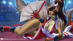 Size: 2000x1125 | Tagged: safe, artist:alanscampos, mai shiranui (fatal fury), canine, fictional species, fox, kitsune, mammal, anthro, digitigrade anthro, fatal fury, snk, 16:9, 2019, absolute cleavage, black nose, breasts, brown hair, cleavage, clothes, detailed background, digital art, ears, eyelashes, female, fingerless gloves, fur, furrified, gloves, hair, huge breasts, loincloth, multiple tails, pose, socks, solo, solo female, species swap, tail, thighs, vixen, wallpaper, wide hips