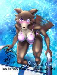 Size: 969x1280 | Tagged: safe, artist:taka studio, artist:takag, juno (beastars), canine, mammal, wolf, anthro, digitigrade anthro, beastars, 2022, bikini, black nose, blushing, breasts, cheek fluff, clothes, digital art, ears, eyelashes, female, fluff, fur, looking at you, poolside, pose, solo, solo female, summer, swimming pool, swimsuit, tail, tail wag, thighs, wide hips