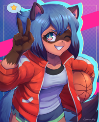 Size: 1956x2422 | Tagged: safe, artist:evomanaphy, michiru kagemori (bna), canine, mammal, raccoon dog, anthro, bna: brand new animal, 2020, ball, basketball, black nose, bottomwear, breasts, clothes, digital art, ears, eyelashes, female, gesture, gloves (arm marking), hair, jacket, looking at you, mask (facial marking), multicolored eyes, one eye closed, peace sign, pose, shirt, shorts, smiling, smiling at you, solo, solo female, topwear, two toned eyes, wide hips
