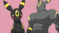 Size: 1920x1080 | Tagged: safe, artist:drunk_oak, eeveelution, fictional species, mammal, umbreon, anthro, feral, nintendo, pokémon, 2022, abs, biceps, black nose, colored sclera, digital art, ears, fur, looking at you, male, muscles, muscular male, paws, pecs, pose, red sclera, simple background, solo, solo male