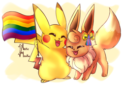Size: 1920x1320 | Tagged: safe, alternate version, artist:arcticmizikio, eevee, eeveelution, fictional species, mammal, pikachu, nintendo, pokémon, 2019, bow, cute, duo, duo male, eyes closed, flag, gay pride flag, holding, holding object, male, male/male, males only, open mouth, pride flag, simple background, standing, transparent background, white background