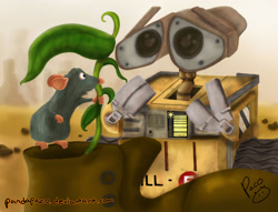 Size: 2584x1976 | Tagged: safe, artist:pandapaco, remy (ratatouille), wall•e (wall•e), fictional species, mammal, rat, robot, rodent, feral, disney, pixar, ratatouille, wall•e, 2009, 2d, boots, clothes, crossover, duo, duo male, male, males only, plant, shoes