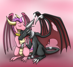 Size: 1200x1102 | Tagged: safe, artist:roxasfin, cynder the dragon (spyro), ember the dragon (spyro), dragon, fictional species, western dragon, spyro the dragon (series), the legend of spyro, 2020, 2d, activision, cute, cynder/ember (spyro), dragoness, duo, duo female, eyes closed, female, female/female, females only, holding each other, pink background, simple background, sitting, smiling, torn wings