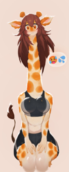Size: 1533x3790 | Tagged: safe, artist:soda_uyu, giraffe, mammal, anthro, 2022, big breasts, bottomwear, breasts, clothes, crop top, female, long neck, shorts, sitting, solo, solo female, sports bra, sports shorts, sweat, thick thighs, thighs, topwear, ungulate, wide hips