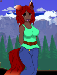 Size: 3072x4096 | Tagged: safe, artist:terminalhash, zoologist (terraria), humanoid, terraria, 2020, breasts, clothes, female, fox ears, fox tail, game on background, jeans, pants, smiling, solo, solo female