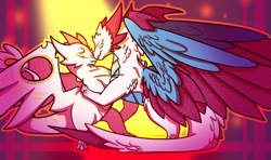Size: 2200x1300 | Tagged: safe, artist:thejadephoenix1, dragon, fictional species, 2017, dancing, dragoness, duo, eyes closed, feathered wings, feathers, female, female/female, flashwing (skylanders), holding each other, skylanders (series), smiling, spotlight (skylanders), spotlight/flashwing (skylanders), standing, white body, wings