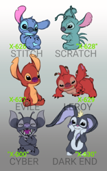 Size: 2000x3200 | Tagged: safe, artist:huhsuabee, cyber (stitch!), dark end (stitch!), experiment 627 (lilo & stitch), leroy (lilo & stitch), scratch (stitch & ai), stitch (lilo & stitch), alien, experiment (lilo & stitch), fictional species, disney, lilo & stitch, stitch & ai, stitch!, 2020, 4 toes, antennae, back marking, back spines, big ears, black claws, black eyes, blonde hair, blue body, blue fur, blue nose, body markings, character name, chest fluff, claws, dipstick antennae, dipstick ears, ear markings, ears, english text, facial markings, feet, fluff, fur, gradient background, green body, green fur, group, hair, hand on face, head fluff, head marking, head tuft, high res, looking at you, multicolored antennae, multicolored ears, multiple arms, multiple limbs, narrowed eyes, open mouth, open smile, pink nose, purple body, purple claws, purple fur, purple nose, red body, red fur, red nose, sharp teeth, short tail, simple background, sitting, smiling, squint, tail, teeth, teeth showing, text, toes, torn ear