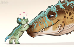 Size: 1280x817 | Tagged: safe, artist:jenery, ceratops, dinosaur, giganotosaurus, reptile, theropod, triceratops, feral, 2022, 2d, ambiguous gender, ambiguous only, duo, duo ambiguous, heart