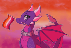 Size: 1920x1304 | Tagged: safe, artist:lynxsbow, cynder the dragon (spyro), dragon, fictional species, western dragon, spyro the dragon (series), the legend of spyro, 2022, 2d, activision, collar, cute, dragoness, female, flag, holding, lesbian pride flag, looking at you, mouth hold, pride flag, purple body, sitting, smiling, solo, solo female, spiked collar