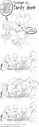 Size: 1157x3731 | Tagged: safe, artist:forestdalecomic, arthropod, canine, cat, cervid, deer, feline, fly, hybrid, insect, lizard, mammal, reptile, wolf, anthro, feral, 2022, book, comic strip, cute, cute little fangs, dinner, eating, fangs, female, glasses, group, hair, hair over one eye, male, open mouth, sitting, teeth, tongue, tongue out