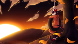 Size: 3840x2160 | Tagged: safe, artist:aktiloth, big cat, feline, mammal, tiger, anthro, 2022, autumn, background, clothes, cloud, hoodie, leaf, male, moody, plant, solo, solo male, sunset, swing, tire, topwear, tree