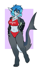 Size: 1125x1875 | Tagged: safe, artist:ambris, oc, oc:erika (ambris), fish, shark, anthro, digitigrade anthro, 2022, abstract background, adorasexy, belly button, big breasts, bikini, blue eyes, blue hair, body markings, border, breasts, claws, cleavage, clothes, curvy, cute, dappled, eyebrow through hair, eyebrows, eyelashes, eyeshadow, female, fins, fish tail, hair, legs, lifeguard, makeup, midriff, open mouth, open smile, pale belly, paws, sexy, shark tail, sharp teeth, smiling, solo, solo female, swimsuit, tail, tail fin, teeth, thick thighs, thighs, white border
