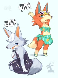 Size: 2048x2732 | Tagged: safe, artist:kame, audie (animal crossing), whitney (animal crossing), canine, mammal, wolf, anthro, animal crossing, animal crossing: new horizons, nintendo, 2020, 2d, bikini, blushing, clothes, dialogue, duo, duo female, female, females only, japanese text, sarong, swimsuit, talking