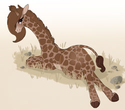 Size: 1047x918 | Tagged: safe, artist:prettypinkpony, giraffe, mammal, feral, 2019, 2d, butt, cloven hooves, eyelashes, female, hair, hooves, looking at you, looking back, looking back at you, lying down, mane, prone, smiling, solo, solo female, tail, ungulate
