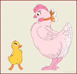 Size: 969x943 | Tagged: safe, artist:prettypinkpony, oc, oc:knox (prettypinkpony), bird, chicken, duck, waterfowl, feral, 2020, 2d, ambiguous gender, duo, female, hen, looking at each other