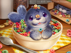 Size: 1080x804 | Tagged: safe, artist:cryptid-creations, mammal, seal, feral, 2022, 2d, ambiguous gender, ambiguous only, cereal, cryptid-creations is trying to murder us, cute, duo, duo ambiguous, pun, spoon, visual pun