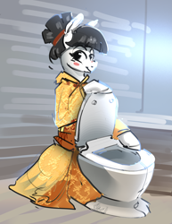 Size: 2535x3284 | Tagged: safe, artist:alumx, oc, oc only, oc:tsu nami, equine, mammal, 2022, but why, eyebrows, female, high res, looking at you, mare, pun, smiling, smiling at you, solo, solo female, toilet, toilet pony