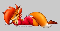 Size: 1024x530 | Tagged: suggestive, artist:eric w schwartz, canine, fox, mammal, anthro, plantigrade anthro, 2004, bedroom eyes, breasts, cleavage, clothes, digital art, dipstick tail, dress, eyebrows, female, fur, gloves, gray background, hair, hair over one eye, hand on cheek, hand on hip, long eyelashes, looking at you, lying down, narrowed eyes, on side, orange body, orange fur, orange hair, pointy ears, raised eyebrow, red dress, seductive look, simple background, smiling, smiling at you, socks (leg marking), solo, solo female, tail, vixen, white gloves