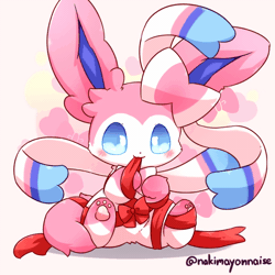 Size: 800x800 | Tagged: safe, artist:nakimayonnaise, eeveelution, fictional species, mammal, sylveon, feral, nintendo, pokémon, 2019, 2d, 2d animation, ambiguous gender, animated, blushing, cute, front view, gif, looking at you, paw pads, paws, ribbon, smiling, smiling at you, solo, solo ambiguous, three-quarter view