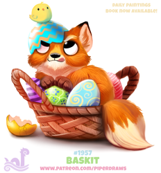 Size: 700x753 | Tagged: safe, artist:cryptid-creations, bird, canine, chicken, fox, galliform, mammal, red fox, feral, 2018, 2d, ambiguous gender, ambiguous only, basket, chick, container, duo, duo ambiguous, easter egg, pun, simple background, visual pun, white background