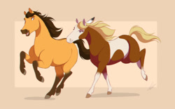 Size: 900x564 | Tagged: safe, artist:dvixie, rain (cimarron), spirit (cimarron), equine, horse, mammal, feral, dreamworks animation, spirit: stallion of the cimarron, 2020, 2d, duo, female, looking at each other, male, mare, running, stallion