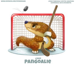 Size: 750x646 | Tagged: safe, artist:cryptid-creations, mammal, pangolin, feral, 2020, 2d, ambiguous gender, hockey puck, hockey stick, net, pun, simple background, solo, solo ambiguous, visual pun, white background