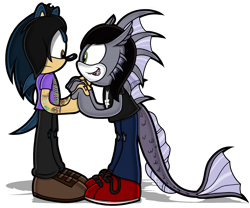 Size: 1800x1500 | Tagged: source needed, safe, artist:toyminator900, sonic the hedgehog (sonic), codfish, fish, hedgehog, mammal, anthro, bring me the horizon, kellin quinn, oliver sykes, sega, sleeping with sirens, sonic the hedgehog (series), anthrofied, black hair, clothes, commission, duo, duo male, fins, fish tail, furrified, hair, happy, holding, holding hands, jeans, looking at each other, male, males only, open mouth, pants, ripped jeans, ripped pants, scales, sharp teeth, shirt, shoes, simple background, solo, solo male, sonicified, t-shirt, tail, tattoo, teeth, topwear, torn clothes, transparent background