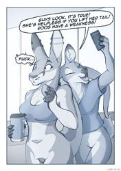 Size: 900x1280 | Tagged: suggestive, artist:lizet, oc, oc only, oc:audrey (lizet), oc:loimu, cervid, deer, kangaroo, mammal, marsupial, anthro, 2022, bottomless, breasts, cell phone, cleavage, clothes, coffee, coffee cup, dialogue, digital art, doughnut, drink, duo, duo female, ear piercing, ears, eyes closed, female, females only, food, fur, grayscale, industrial piercing, macropod, monochrome, nudity, open mouth, paralyzed, partial nudity, phone, piercing, pouch, shirt, smartphone, speech bubble, sports bra, standing, tail, talking, text, tongue, topwear
