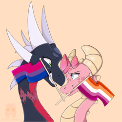 Size: 1280x1280 | Tagged: safe, artist:elloellis, cynder the dragon (spyro), ember the dragon (spyro), dragon, fictional species, western dragon, spyro the dragon (series), the legend of spyro, 2019, 2d, activision, bisexual pride flag, black body, cute, cynder/ember (spyro), dragoness, duo, duo female, female, females only, flag, holding, lesbian pride flag, looking at each other, mouth hold, orange background, pink body, pride flag, simple background, smiling