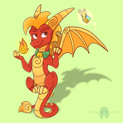 Size: 1280x1280 | Tagged: safe, artist:elloellis, flame the dragon (spyro), arthropod, dragon, fictional species, firefly, insect, western dragon, spyro the dragon (series), 2019, duo, fire, flying, green background, looking at someone, red body, redesign, simple background, smiling, standing on tail