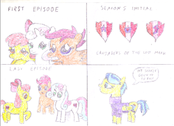 Size: 500x361 | Tagged: safe, artist:ewxep, apple bloom (mlp), auntie lofty (mlp), scootaloo (mlp), sweetie belle (mlp), earth pony, equine, fictional species, mammal, pegasus, pony, unicorn, friendship is magic, hasbro, my little pony, aunt, aunt and niece, colored pencil drawing, crusaders of the lost mark, cutie mark, cutie mark crusaders (mlp), female, females only, group, low res, mlp fim's tenth anniversary, niece, redraw, simple background, the cmc's cutie marks, the last crusade, the last problem, traditional art, white background