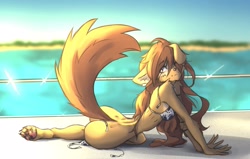 Size: 2831x1806 | Tagged: suggestive, artist:tinygaypirate, oc, oc:apogee (tinygaypirate), canine, dog, mammal, anthro, adorasexy, beach, bikini, bottomless, brown body, brown eyes, brown fur, brown hair, butt, clothes, cute, dimples of venus, ear piercing, female, floppy ears, fur, hair, nudity, ocean, partial nudity, paw pads, paws, piercing, pinup, sexy, solo, solo female, sunbeam, swimsuit, water, wide hips