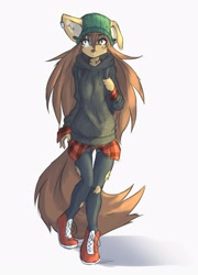 Size: 1837x2554 | Tagged: safe, artist:tinygaypirate, oc, oc:apogee (tinygaypirate), canine, dog, mammal, anthro, beanie, bottomwear, brown body, brown eyes, brown fur, brown hair, clothes, ear piercing, female, fur, hair, hoodie, pants, piercing, shoes, simple background, solo, solo female, sweater, topwear, torn clothes, white background