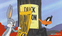 Size: 480x280 | Tagged: safe, screencap, bugs bunny (looney tunes), daffy duck (looney tunes), bird, duck, lagomorph, mammal, rabbit, waterfowl, anthro, looney tunes, warner brothers, animated, gif, low res