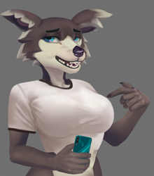 Size: 1128x1280 | Tagged: safe, artist:elinnayt, juno (beastars), canine, mammal, wolf, anthro, beastars, 2021, bedroom eyes, big breasts, black nose, breasts, cell phone, chest fluff, clothes, digital art, ears, eyelashes, female, fluff, fur, open mouth, phone, pointing, sharp teeth, shirt, simple background, smartphone, solo, solo female, teeth, tongue, topwear, wide hips