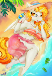 Size: 1280x1876 | Tagged: suggestive, artist:stainedglasslighthea, artist:stainedglasslightheart, daybreaker (mlp), alicorn, equine, fictional species, mammal, pony, anthro, plantigrade anthro, friendship is magic, hasbro, my little pony, barefoot, beach, bedroom eyes, bikini, blushing, bra, bracelet, breasts, butt, clothes, commission, eyebrow through hair, eyebrows, eyelashes, fangs, feet, female, hair, hat, headwear, jewelry, lidded eyes, looking at you, looking to the side, lying down, mare, necklace, on side, open mouth, open smile, sarong, see-through, sharp teeth, smiling, solo, solo female, sun hat, sunscreen, swimsuit, teeth, underwear, ych, ych example