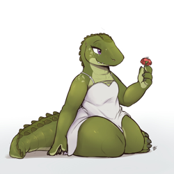 Size: 2500x2500 | Tagged: safe, artist:louart, alligator, crocodilian, reptile, anthro, 2022, clothes, dress, female, flower, plant, solo, solo female, tail, thick thighs, thighs, wide hips