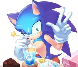 Size: 840x718 | Tagged: safe, artist:cumrs2, sonic the hedgehog (sonic), hedgehog, mammal, anthro, sega, sonic the hedgehog (series), blue body, clothes, drink, food, gesture, gloves, green eyes, grin, letter, looking at you, male, ring (sonic), simple background, sitting, smiling, smiling at you, solo, solo male, table, v sign, white background