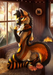 Size: 1000x1414 | Tagged: safe, alternate version, artist:silvixen, oc, oc only, oc:caius (wolfeis_redfang), canine, mammal, maned wolf, anthro, digitigrade anthro, 2022, butt, cheek fluff, chest fluff, clothes, fireplace, fluff, hair, indoors, kneeling, leg warmers, legwear, male, paw pads, paws, solo, solo male, striped clothes, striped legwear, tail, tail fluff, toeless legwear, underpaw